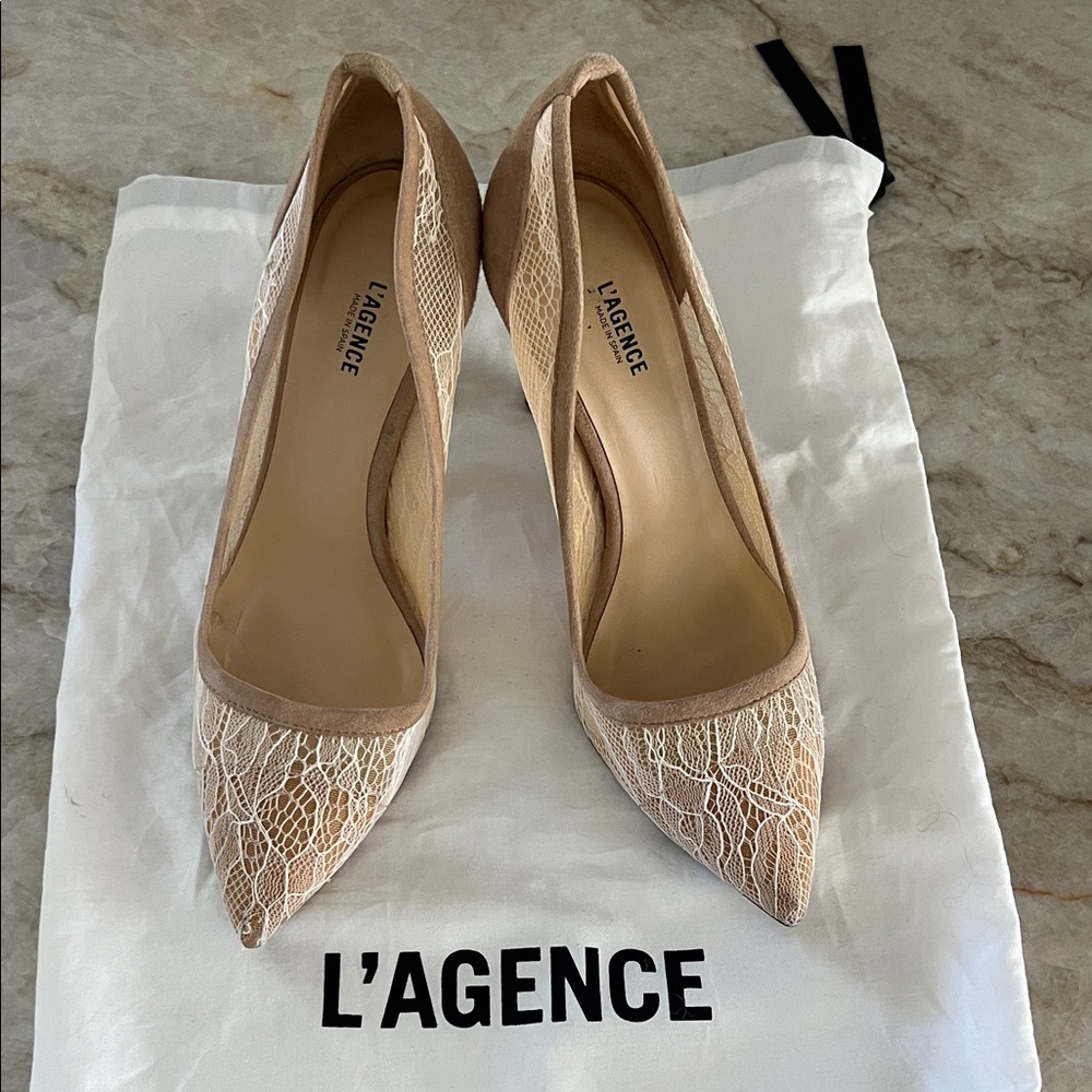 L'AGENCE Lace Pointed-Toe Heels - Tan and Cream